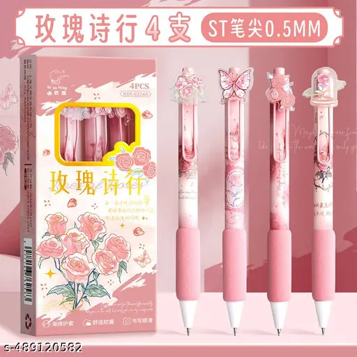 Butterfly Pink Pens (Pack of 4) Cute Pink Rabbit Gel Pens Set, Cartoon Ballpoint Pens School Supply Set, Cute Animal Pens for Girls Boys Kids, Gift for Birthday Children's Day (Pack 04)